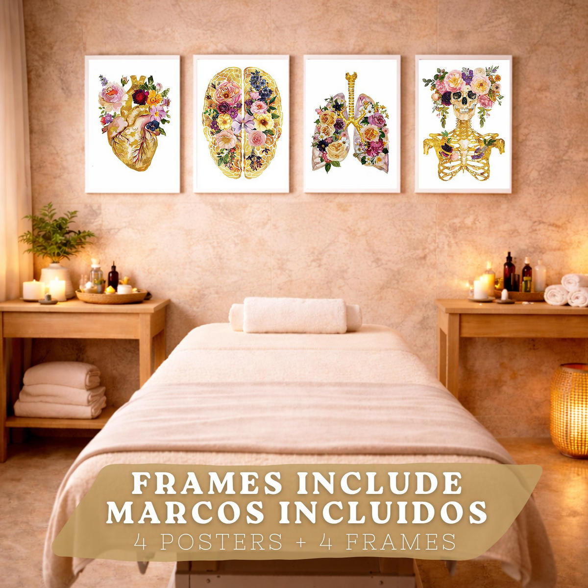 POSTER Set aus 4 Anatomie Mensch Drucke und mit Herz Gehirn Schädel Lungen Luftröhre Bronchien Goldener Floraler Stil Größe Weißer Rahmen A4 - Weiß, Papier (21/29.7/3cm) - Nacnic