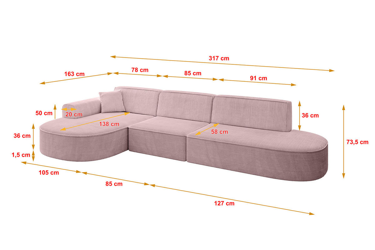 ECKSOFA Ottomane Links MARI-L2 - 317x163x73,5 cm Rosa Cord - Schwarz/Rosa, Holzwerkstoff/Kunststoff (165/321cm) - ALTDECOR
