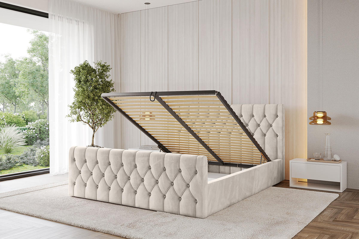 POLSTERBETT mit Bettkasten, Fußteil und Lattenrost, Boxbett mit Matratze H3/H4 - RENO-Z 180x200 Beige - Beige, Holzwerkstoff/Textil (180/200cm) - ALTDECOR