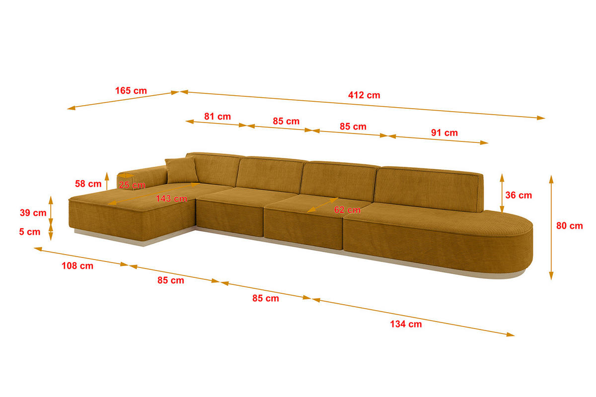 ECKSOFA Ottomane Links IREA-L3 - 412x165x80 cm Senfgelb - Grün, Holzwerkstoff/Textil (412/165cm) - ALTDECOR