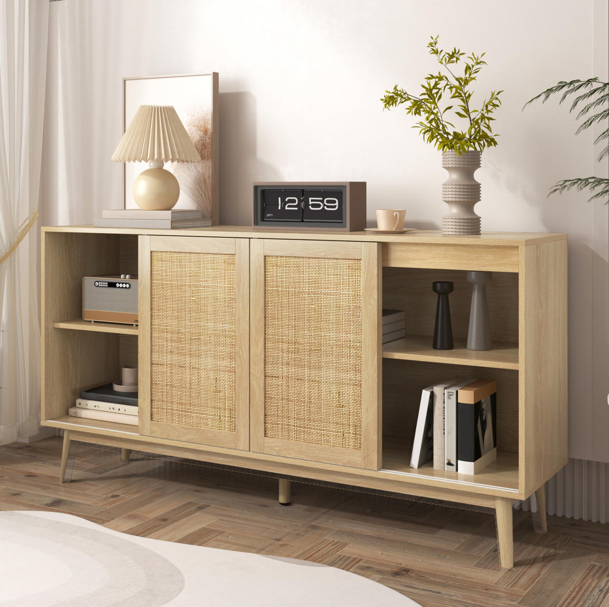 SIDEBOARD mit Schiebetüren und 2 Schubladen 155 x 38 x 80 cm Rattan Holz - Hellbraun, Holzwerkstoff (155/80/38cm) - Meubliv