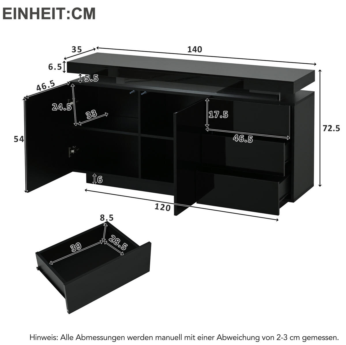 SIDEBOARD aus Spanplatte, Hochglanz-Fronten, mit RGB-LED und 3 Schubladen, 140/35/72,5 cm, Schwarz - Schwarz, Holzwerkstoff (38/72/140cm) - Redom