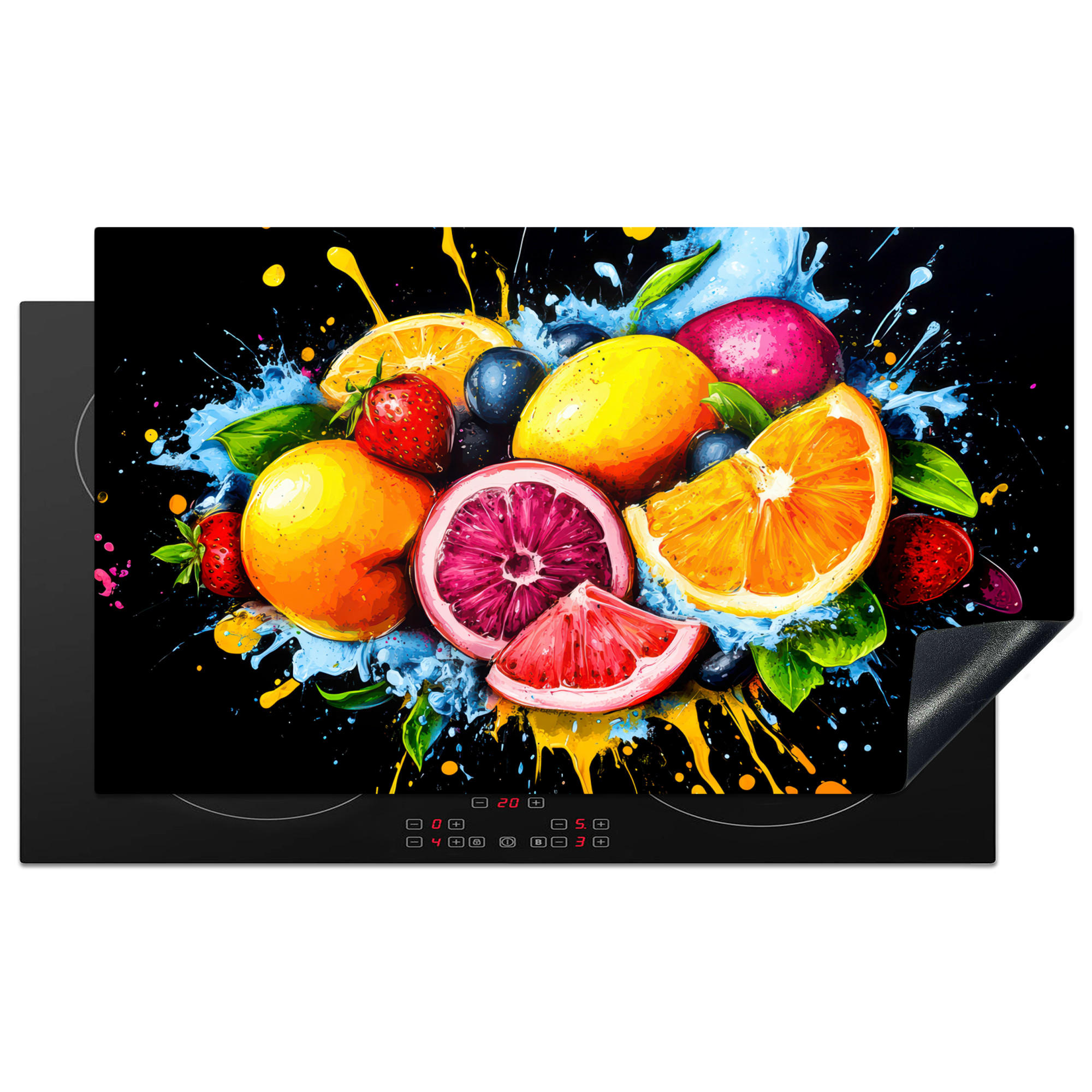 HERDABDECKPLATTE Obst - Graffiti - Bunt - Orange - Erdbeere - Abstrakt 91x52 cm - Orange, Kunststoff (91.2/0.2/52cm) - MuchoWow
