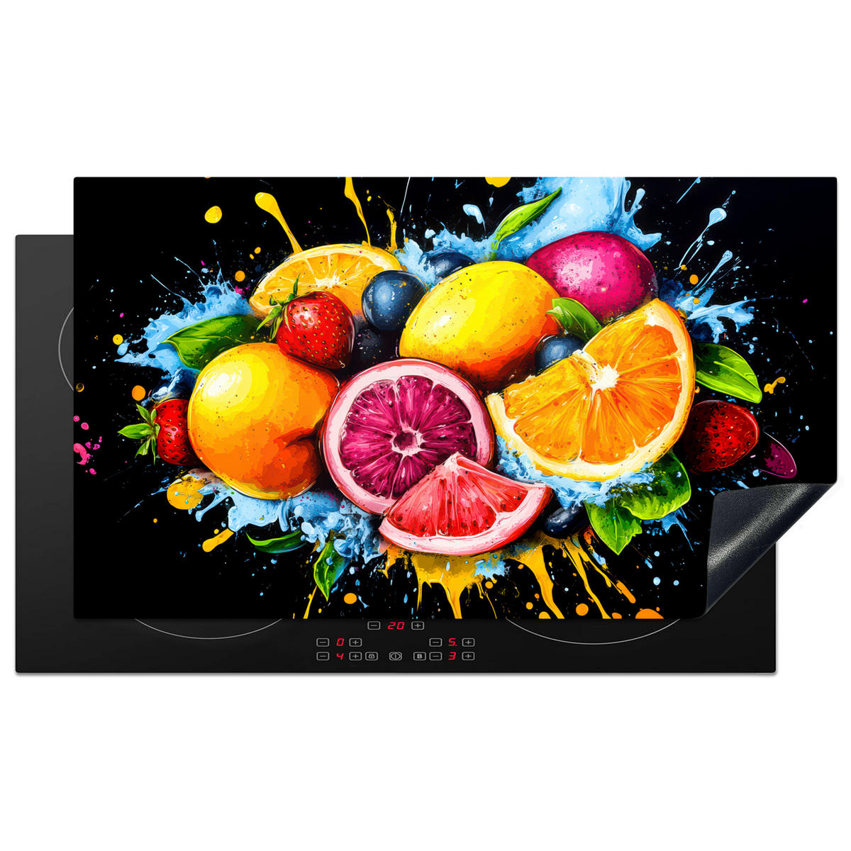 HERDABDECKPLATTE Obst - Graffiti - Bunt - Orange - Erdbeere - Abstrakt 91x52 cm - Orange, Kunststoff (91.2/0.2/52cm) - MuchoWow