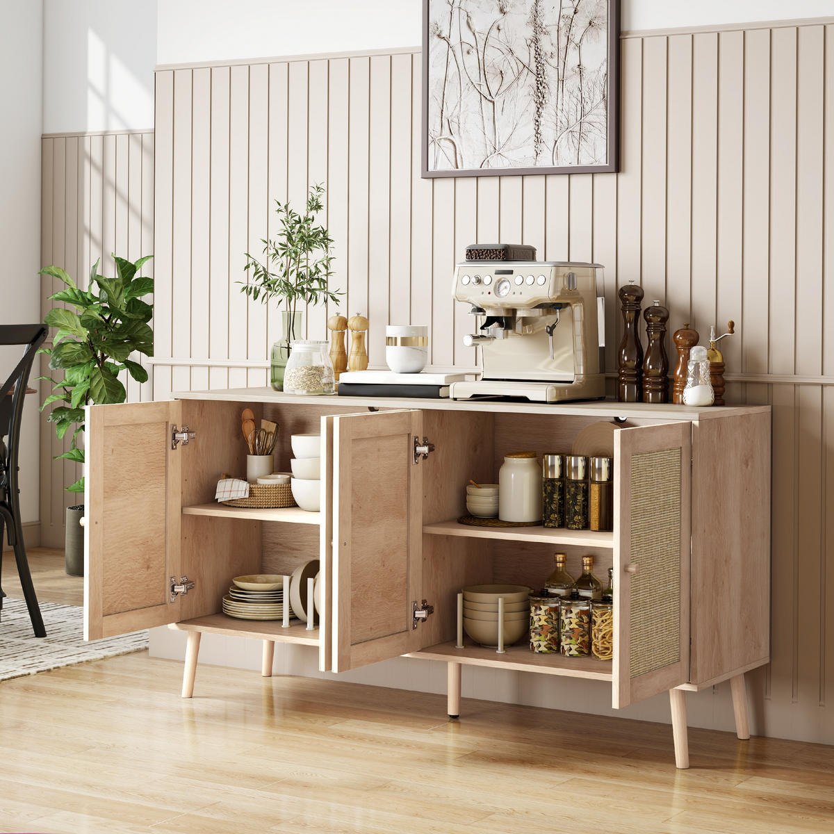 SIDEBOARD DE-11246 2 Türen mit Rattan & verstellbaren Böden Naturholz - Naturfarben, Holzwerkstoff (140/75/40cm) - ComfortXL