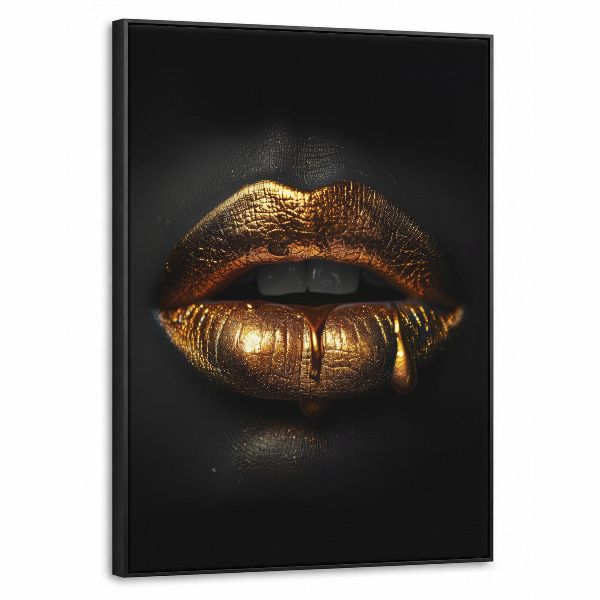 LEINWAND Bilder mit Rahmen - Frau - Porträt - Lippen - Gold - Schwarz - 50x70 - Schwarz, Textil (50/70cm) - MuchoWow