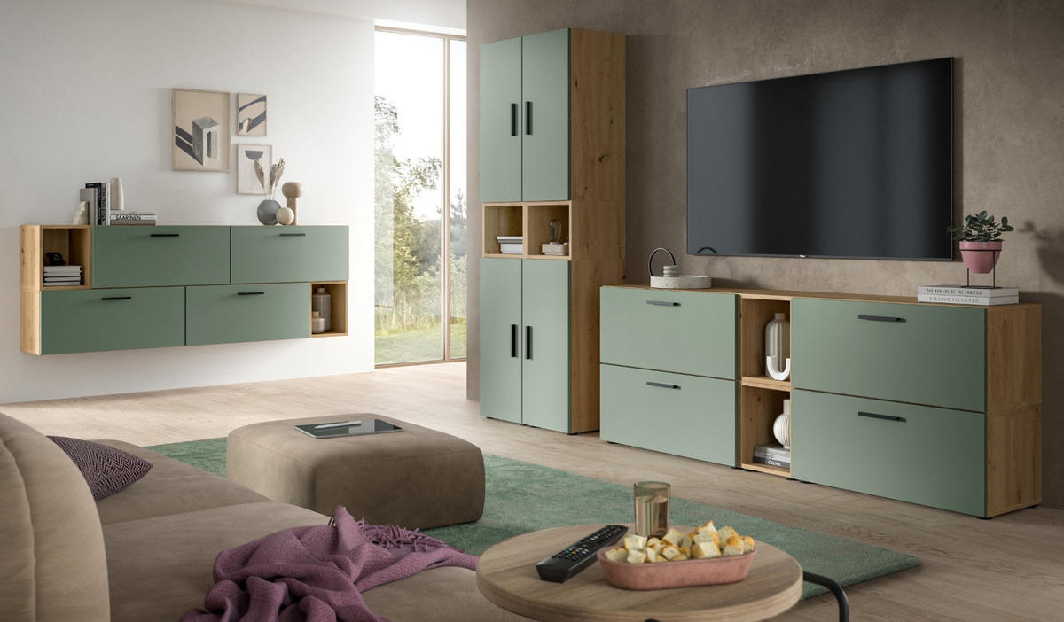 WOHNWAND grün, Eiche Artisan 300 cm, Wohnkombination hängend / stehend - Schwarz/Eiche Artisan, Holzwerkstoff/Kunststoff (300/178/34cm) - Inn.Furn