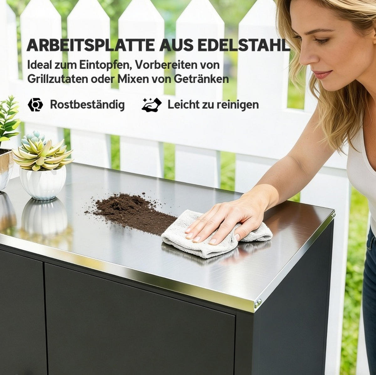 GARTENSCHRANK mit Pflanztisch, herausnehmbarem Einlegeboden, Edelstahl-Arbeitsplatte und Rollen, Schwarz - Schwarz, Metall (50/90/80cm) - Redom