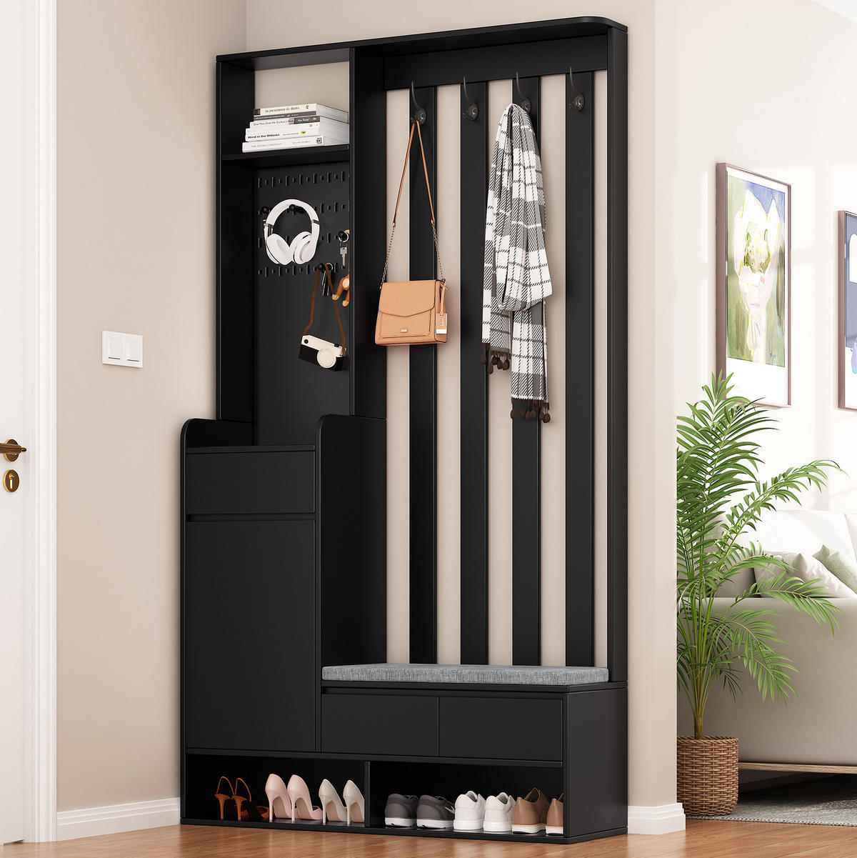 DIELENGARDEROBE mit Sitzbank und 4 Haken in Schwarz, 100/35/180 cm - Schwarz, Holzwerkstoff (100/180/35cm) - BEAOK