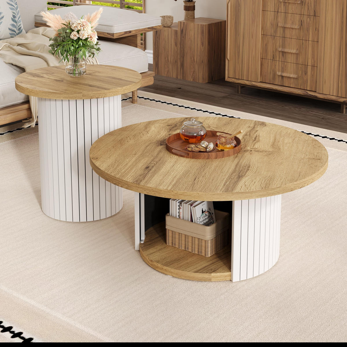 KONFERENČNÍ stolek 75/75/50 cm přírodní z MDF se sadou 2 kulatých stolků - přírodní, kompozitní dřevo (75/75/35cm) - OKWISH