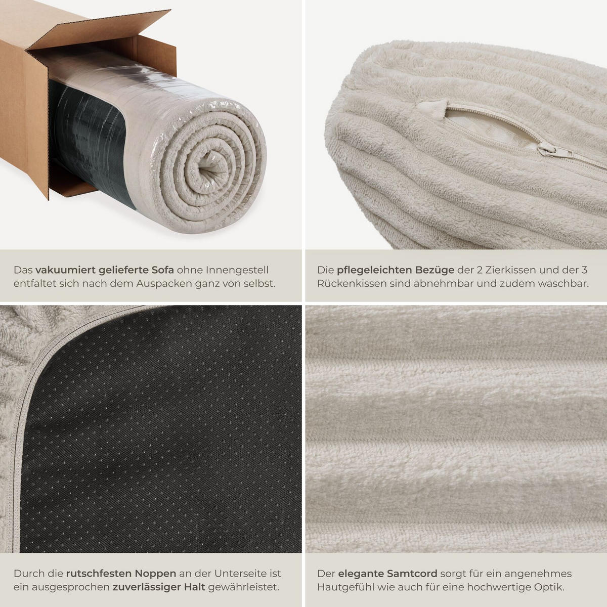 SOFA Relax, keine Montage, 250 cm Breite, Samtcord beige - Beige, Kunststoff/Textil (250/162cm) - tectake