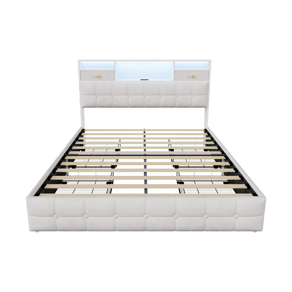 STAURAUMBETT 140/200 cm aus Samt, mit 4 seitlichen Schubladen + 2 Kopfteil-Schubladen, LED und USB-Anschluss, Beige - Beige, Holzwerkstoff (140/200cm) - Brevoria
