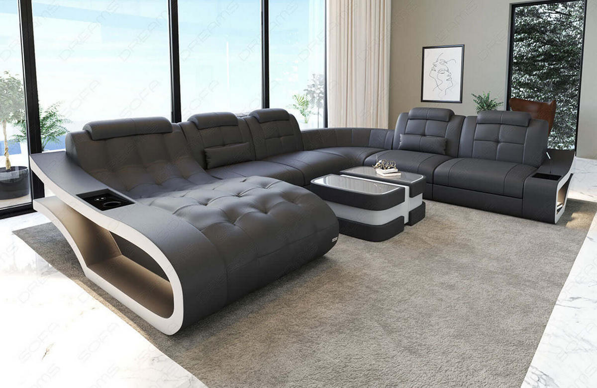 WOHNLANDSCHAFT Elegante Grau Weiß Büffelleder - Grau, Leder (379/91/283cm)