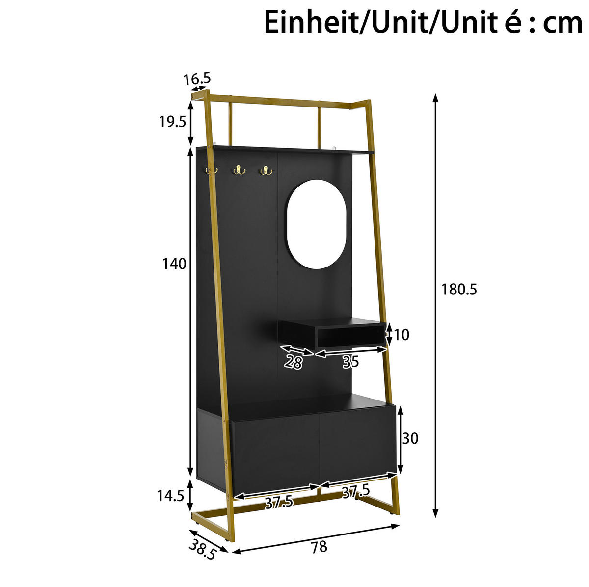 GARDEROBE 78/180,5/38,5 cm Schwarz aus Spanplatten und Metall mit Spiegel - Schwarz, Holzwerkstoff (38.5/180.5/78cm) - OKMYHOME
