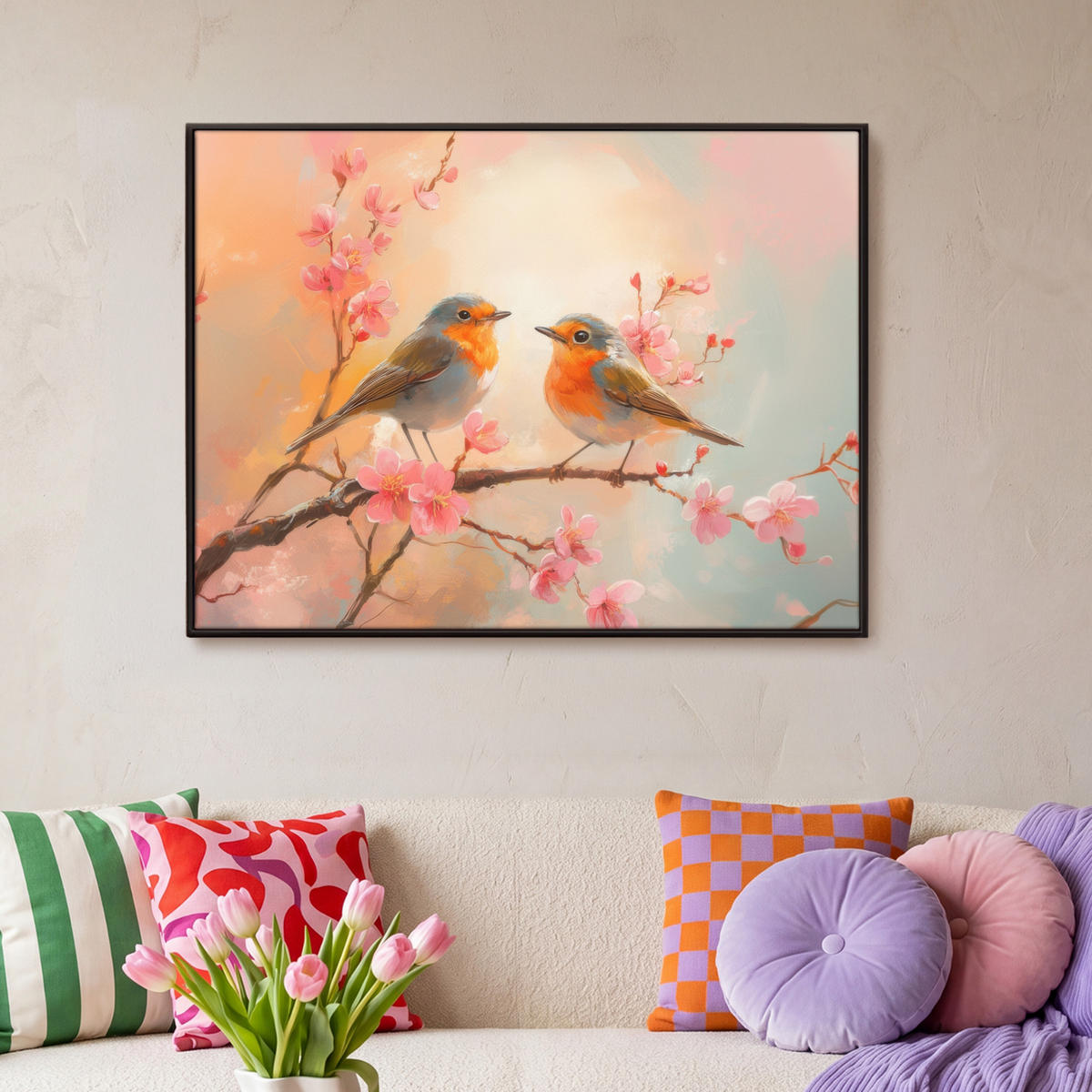LEINWAND Bilder mit Rahmen - Rotkehlchen - Zierpflanze - Blütenzweig - 100x70 - Hellrosa, Textil (100/70cm) - MuchoWow