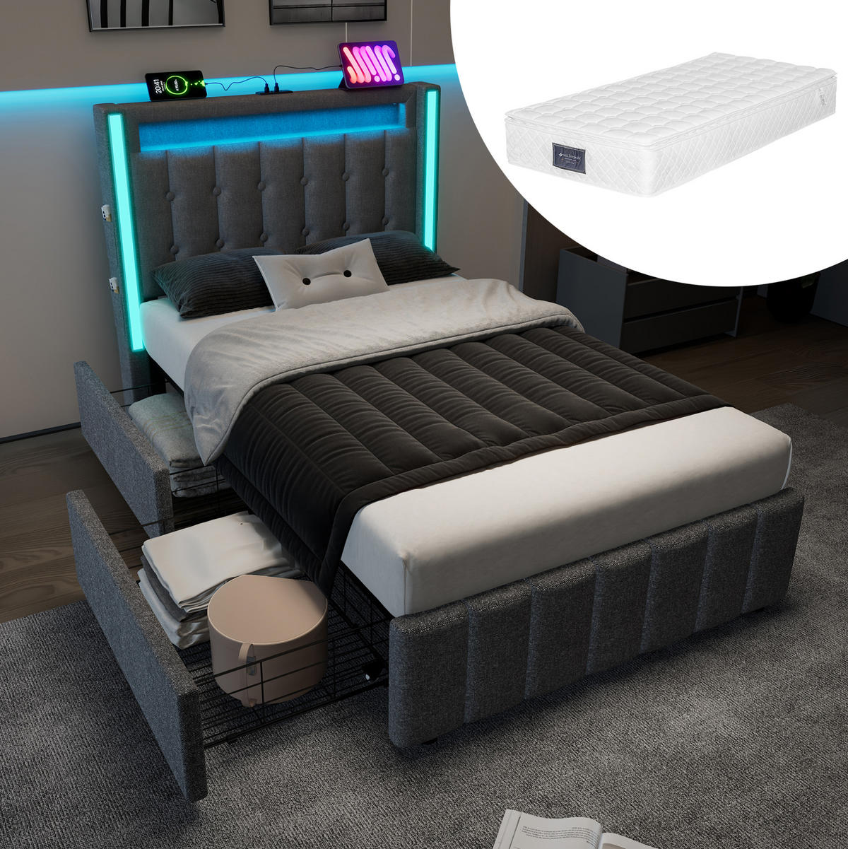 POLSTERBETT 90/200 cm Grau aus Leinen mit USB-C und LED-Beleuchtung mit Matratze - Grau, Textil (90/200cm) - OKWISH
