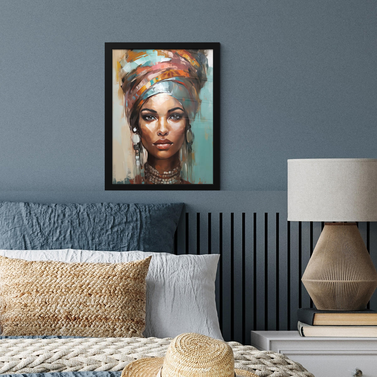 GERAHMTES BILD Frau - Kunst - Schmuck - Porträt 30x40 cm - Blaugrau, Papier (30/40cm) - MuchoWow