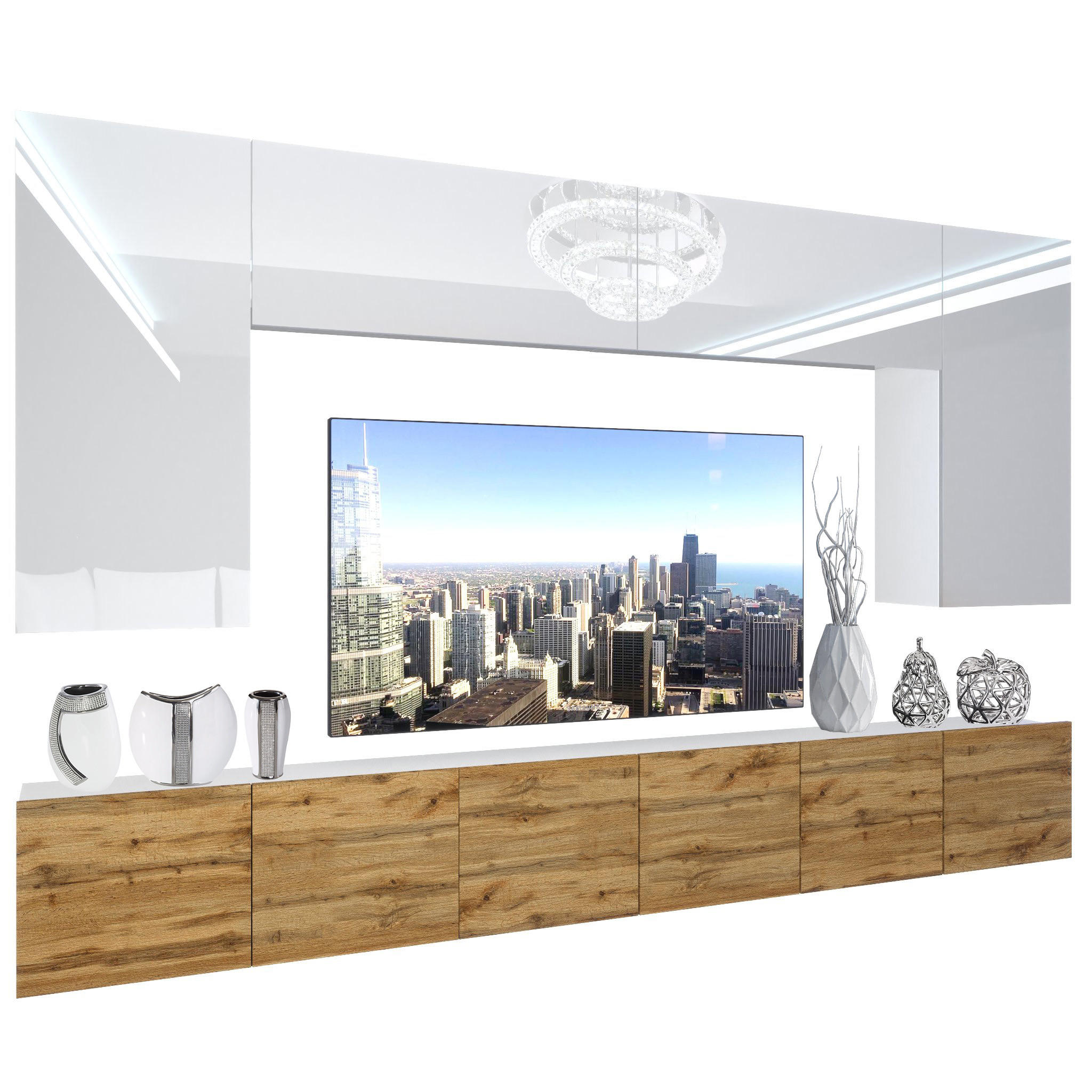 WOHNZIMMERWAND Schrankwand mit LED Weiß Top / Eiche Wotan - Eichefarben/Weiß, Holz (300/180/36cm) - B BELINI GROUP