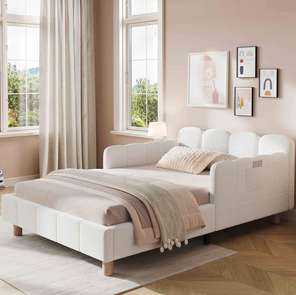 KINDERBETT Bouclé 90x200 cm Beige mit Lattenrost, gepolstertem Kopfteil, flexiblen Seitenlehnen und Taschen - Beige, Textil (90/200cm) - Modfu