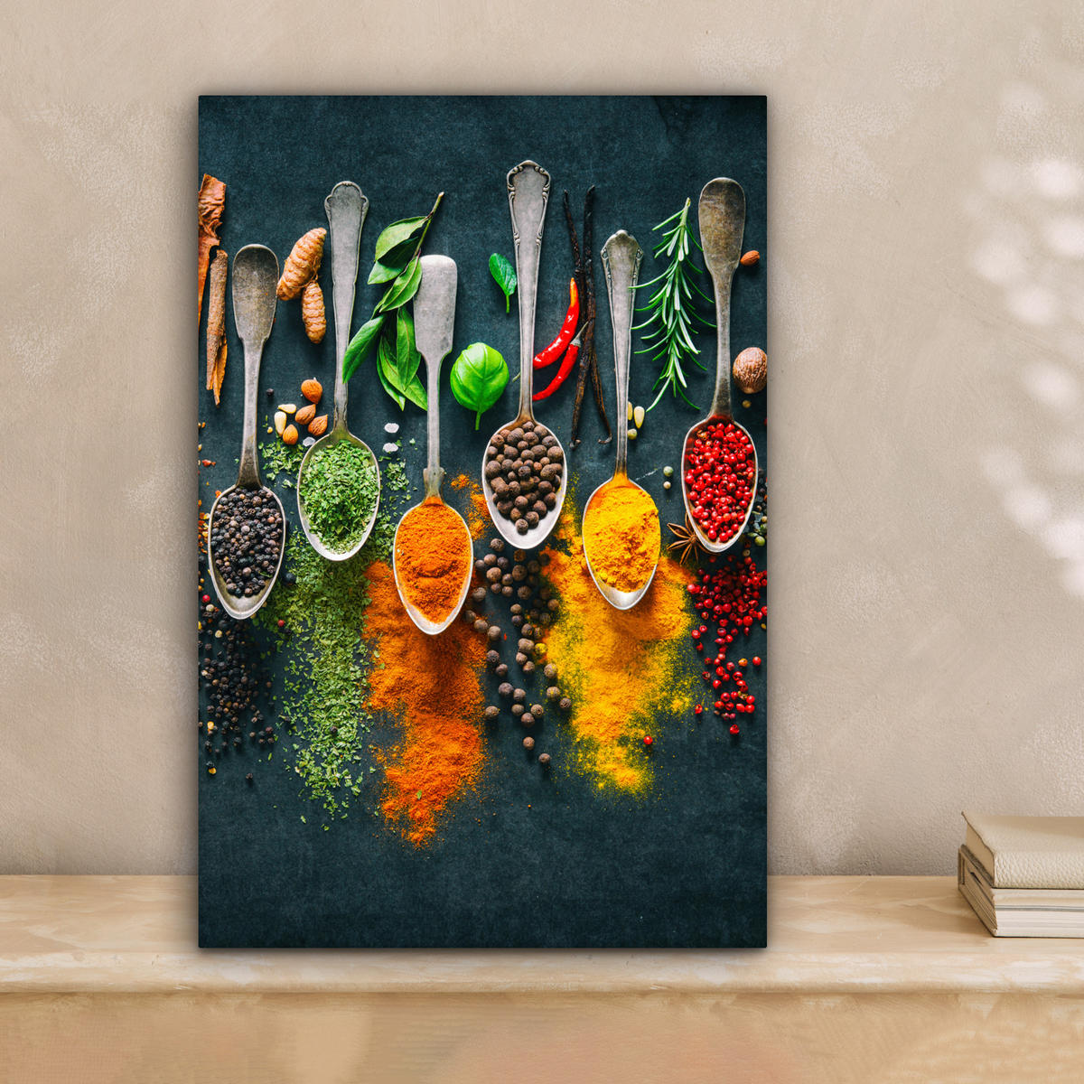 LEINWANDBILD Kräuter - Gewürze - Löffel Deko Wohnzimmer 20x30 cm - Currygelb, Textil (20/30cm) - MuchoWow