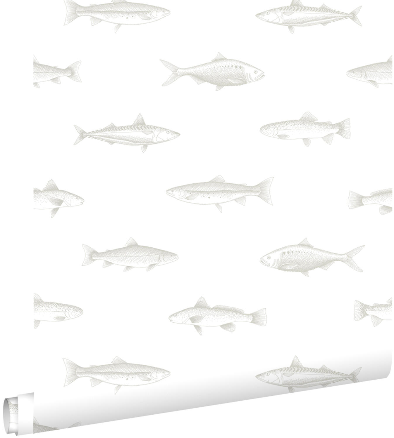 TAPETE Federzeichnung Fisch 53 cm x 10.05 m - Silberfarben, Papier (53/1000cm) - ESTAhome