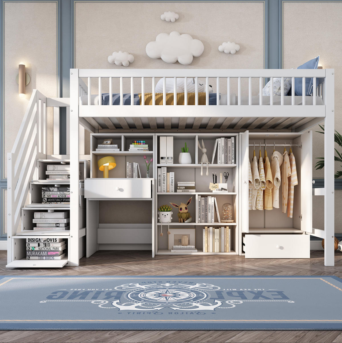 KINDEREINZELBETTEN aus Massivholz & MDF 90x200 cm in Weiß mit Schreibtisch & Treppe - Weiß, Holz (90/200cm) - Modfu