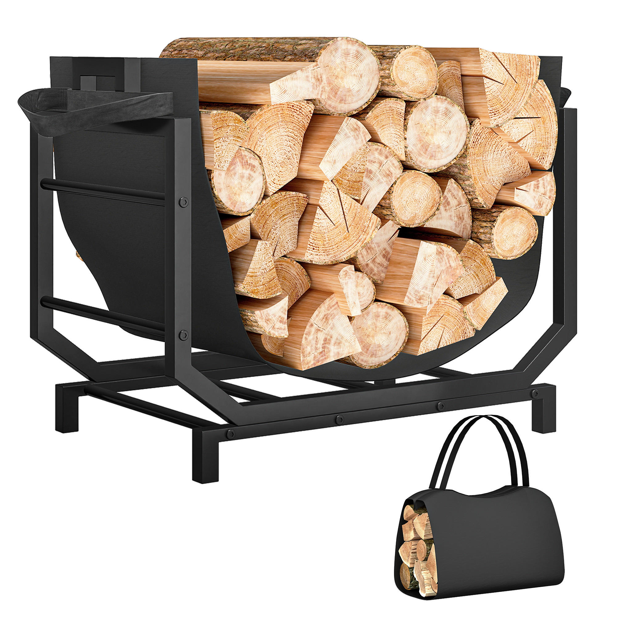KAMINHOLZREGAL DE-18360 mit abnehmbarem Transportsack, 50 kg Schwarz - Schwarz, Metall (33/43/53cm) - ComfortXL