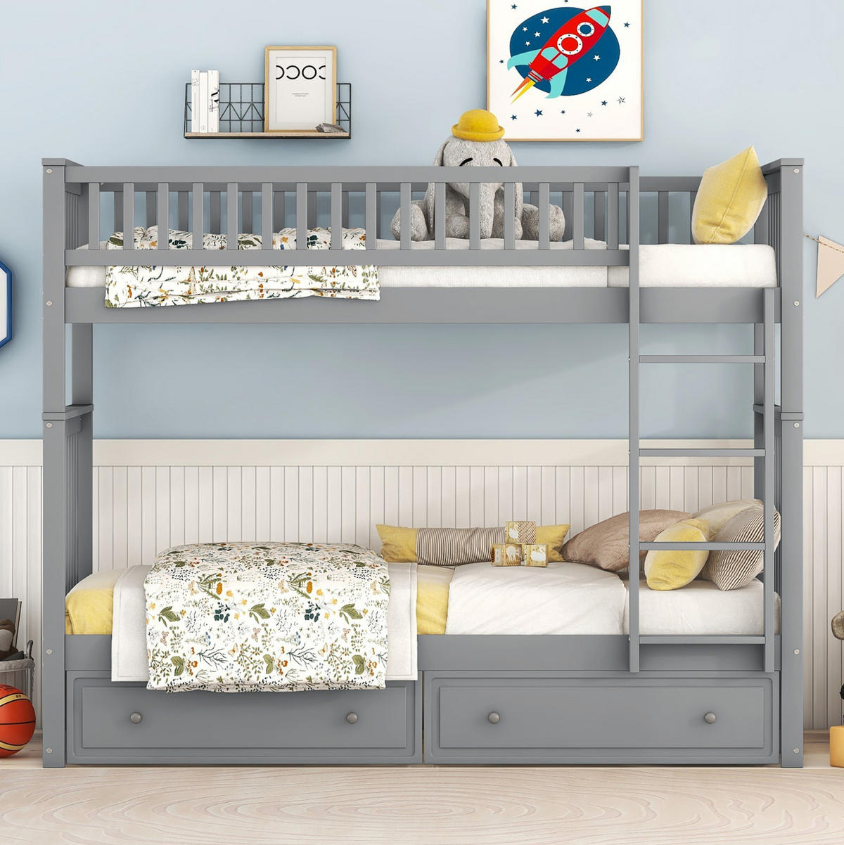 ETAGENBETT 90/200 cm Grau aus Kiefer mit 2 Schubladen - Grau, Holz (90/200cm) - BEAOK