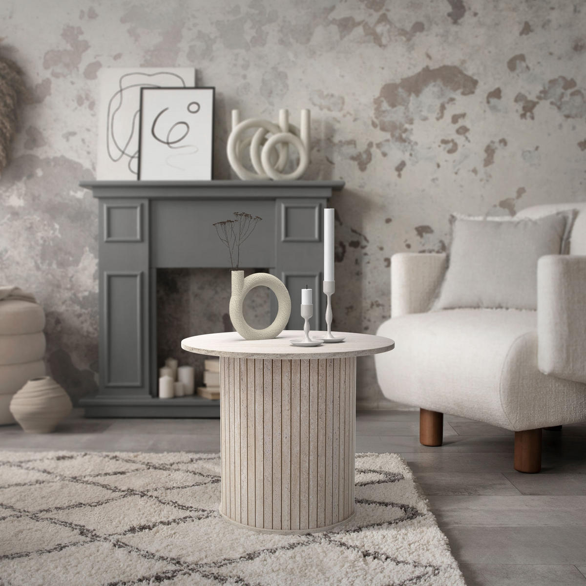 COUCHTISCH rund Ø60 x 50 cm Stein-Optik Beige - Beige, Holz (60/60/50cm) - ML-DESIGN