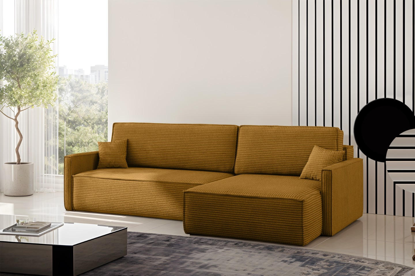 SCHLAFSOFA Carlos, Ecksofa L-Form mit schlaffunktion und bettkasten Stoff Poso Senffarbe Rechts - Currygelb, Holz (250/83/142cm) - Kaiser Möbel