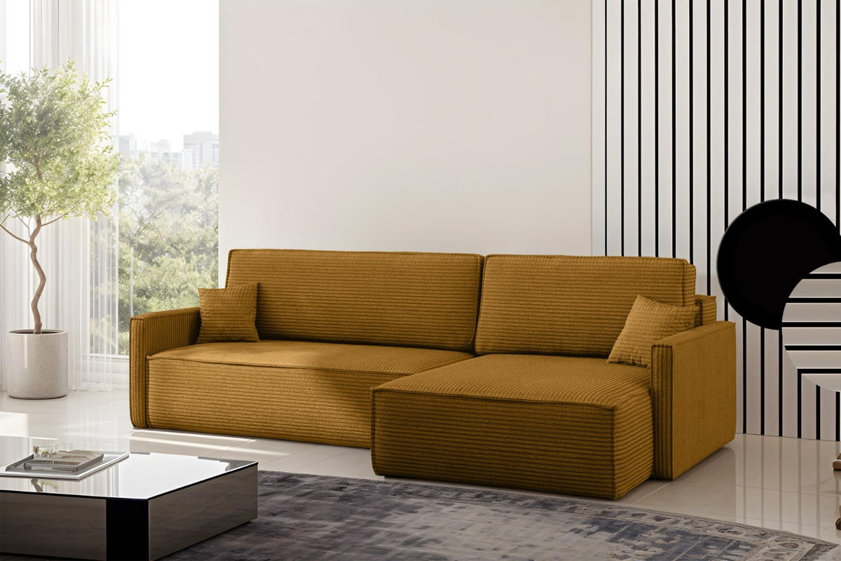 SCHLAFSOFA Carlos, Ecksofa L-Form mit schlaffunktion und bettkasten Stoff Poso Senffarbe Rechts - Currygelb, Holz (250/83/142cm) - Kaiser Möbel