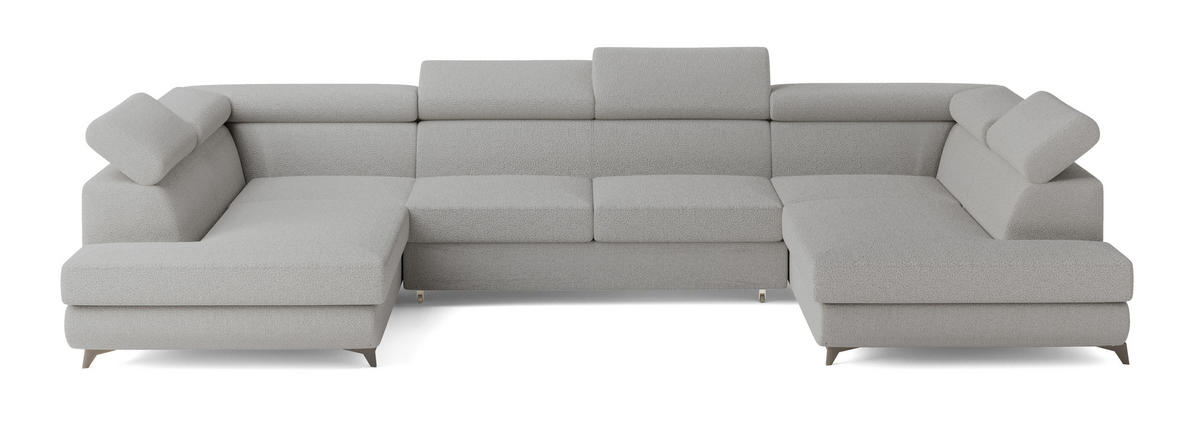 WOHNLANDSCHAFT VINTESSA Hellgrau Boucle-Stoff mit Schlaffunktion - Hellgrau, Holz (323/89/190cm) - MASSENO