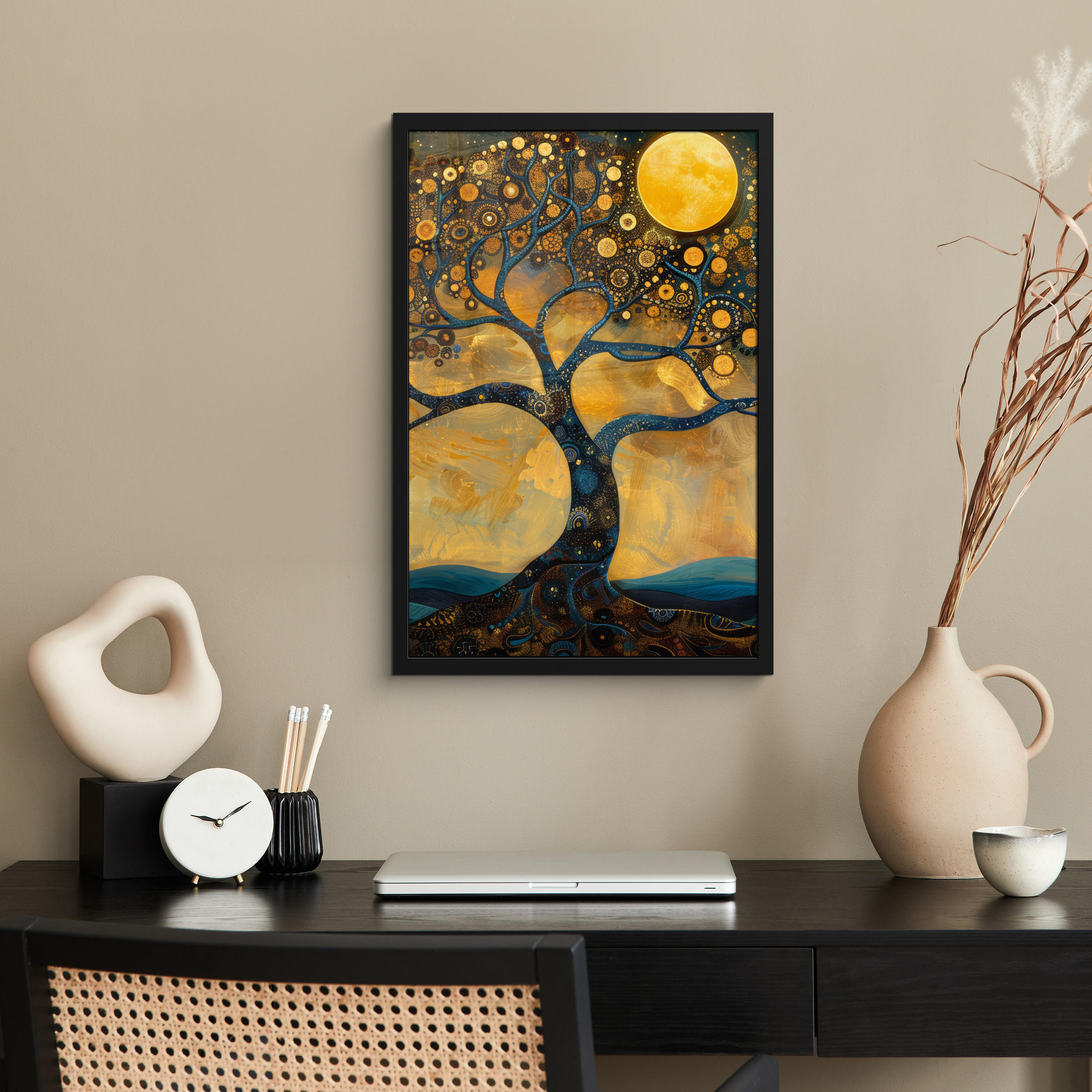 GERAHMTES BILD Baum - Mond - Blumen - Gold - Kunst 40x60 cm - Orange, Papier (40/60cm) - MuchoWow