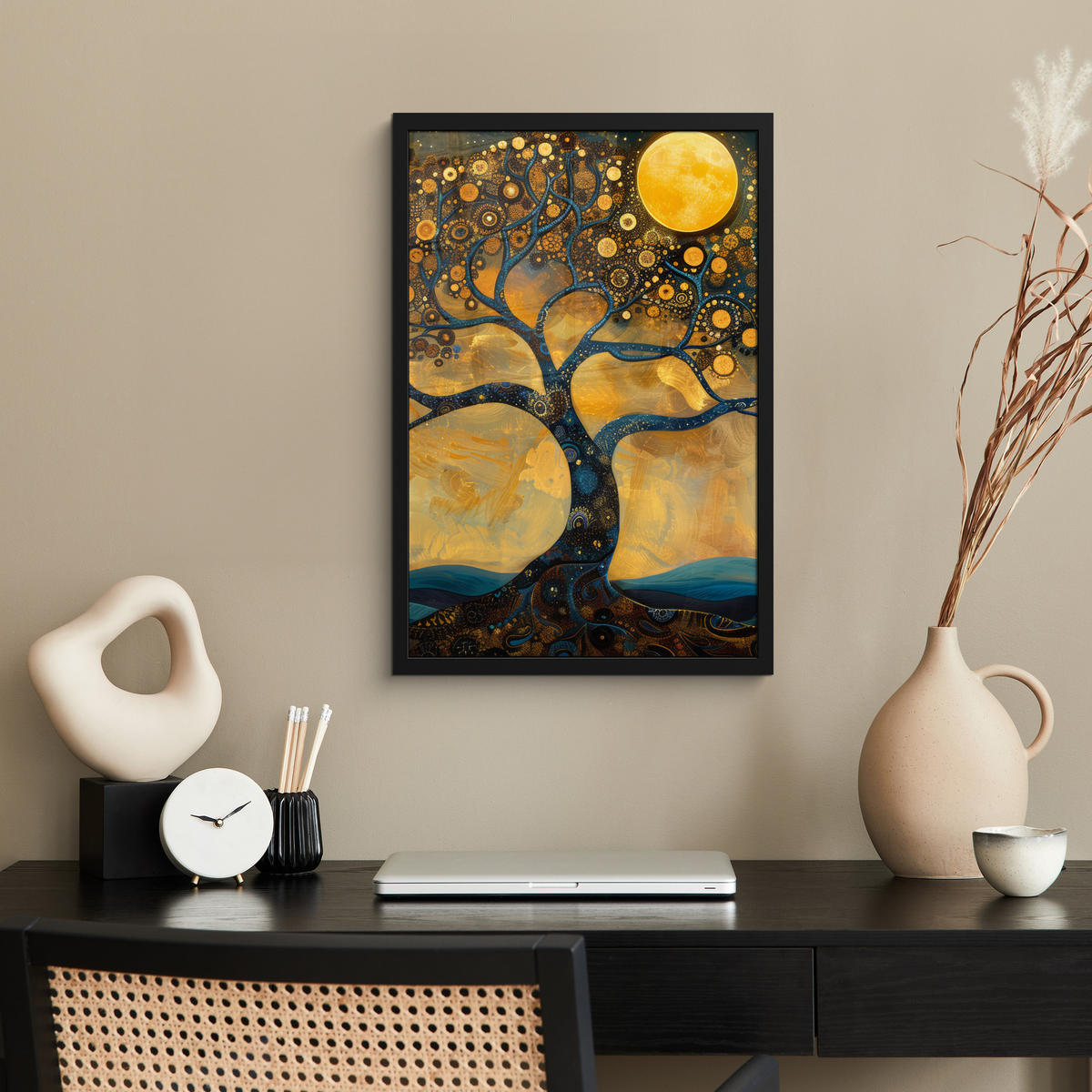 GERAHMTES BILD Baum - Mond - Blumen - Gold - Kunst 40x60 cm - Orange, Papier (40/60cm) - MuchoWow