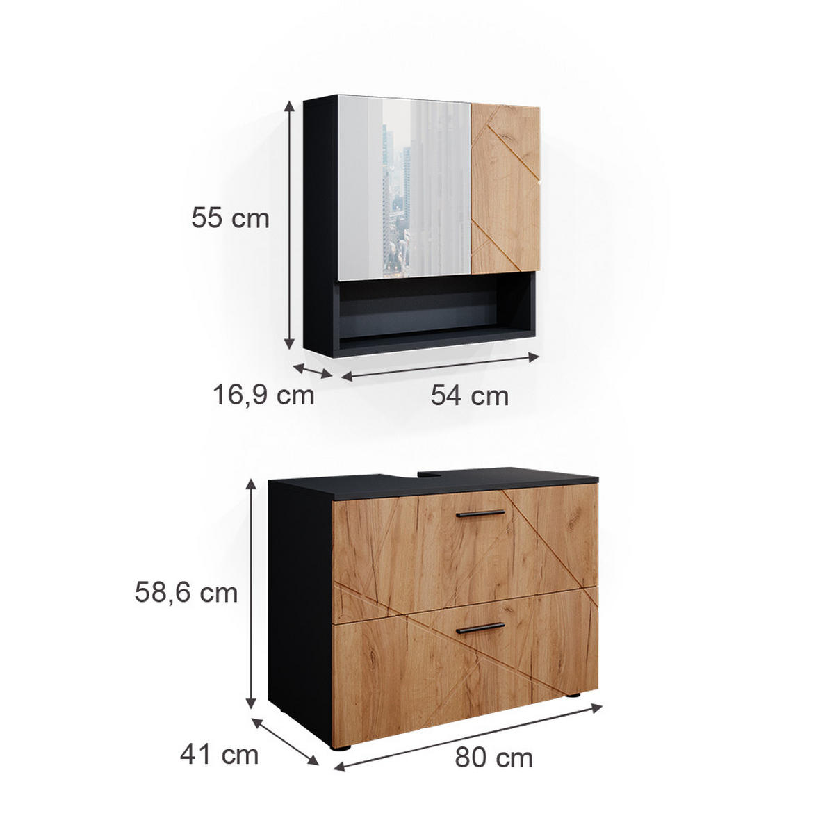BADMÖBEL-SET Irma Goldkraft Eiche/Anthrazit 2 Teile - Honigeiche/Anthrazit, Holzwerkstoff (80/58.6/41cm) - Vicco