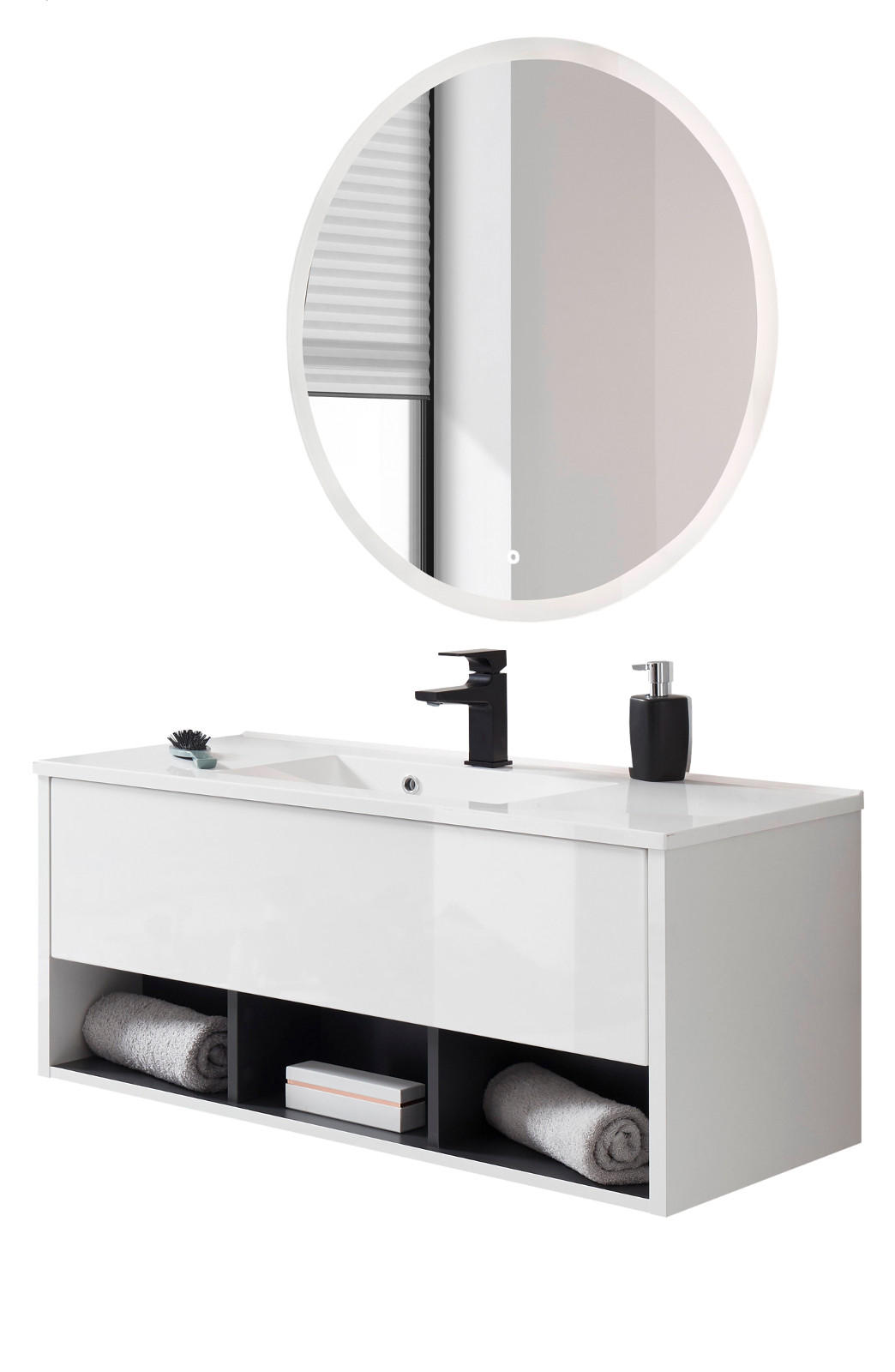 BADMÖBEL-SET weiß Hochglanz, grau, Kombination mit Waschbecken und LED Beleuchtung 100 cm - Weiß Hochglanz/Grau, Glas/Holzwerkstoff (100/190/47cm) - Furn.Design