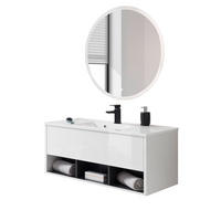 BADMÖBEL-SET weiß Hochglanz, grau, Kombination mit Waschbecken und LED Beleuchtung 100 cm - Weiß Hochglanz/Grau, Glas/Holzwerkstoff (100/190/47cm) - Furn.Design