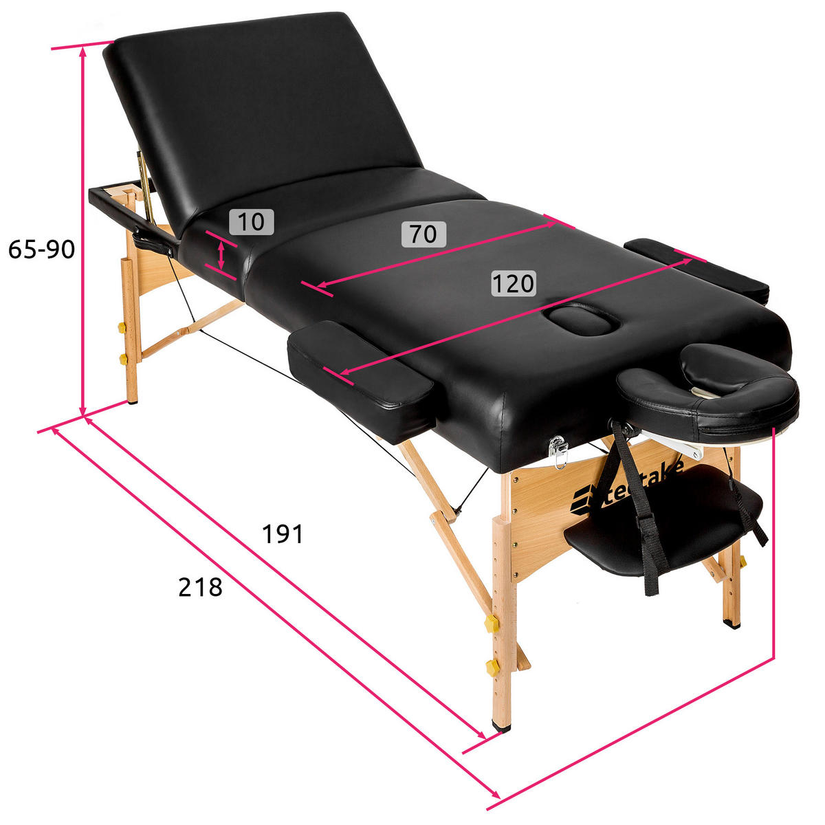 MASSAGELIEGE 3 Zonen, 218 x 102 x 90 cm,schwarz - Schwarz, Holz (102/90/218cm) - tectake