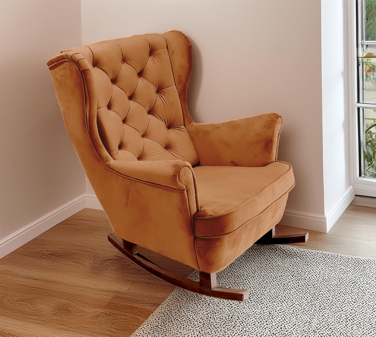 SCHAUKELSESSEL mit gepolstertem Sitz und Armlehnen, 102x81x95 cm, Orange_29824 - Braun/Orange, Holz/Textil (81/102/95cm) - DomoHome