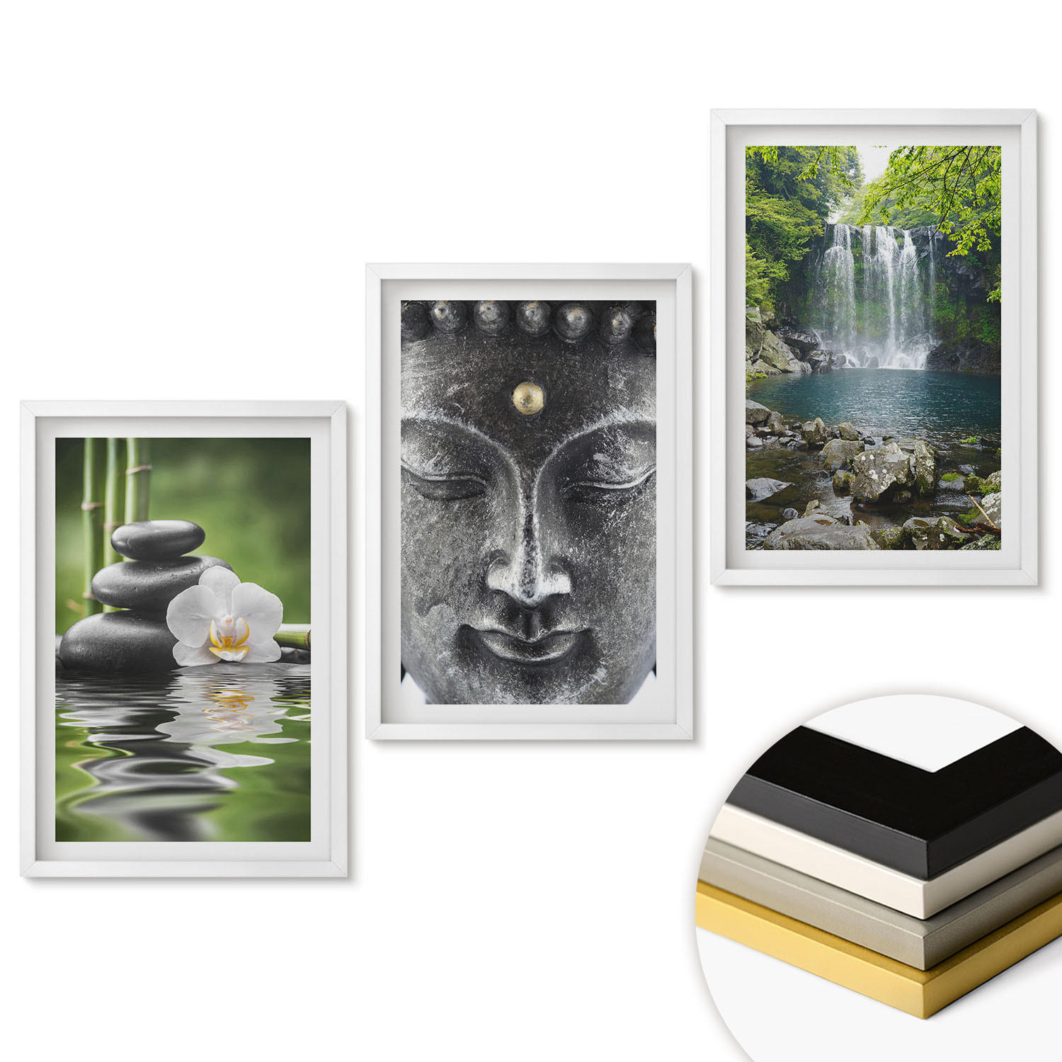 WANDBILDER 3er-Set - 40x60 cm Weißer Rahmen - Harmoniesteine Wasser Buddha - Weiß, Kunststoff (40/60cm) - ArtPrintCave