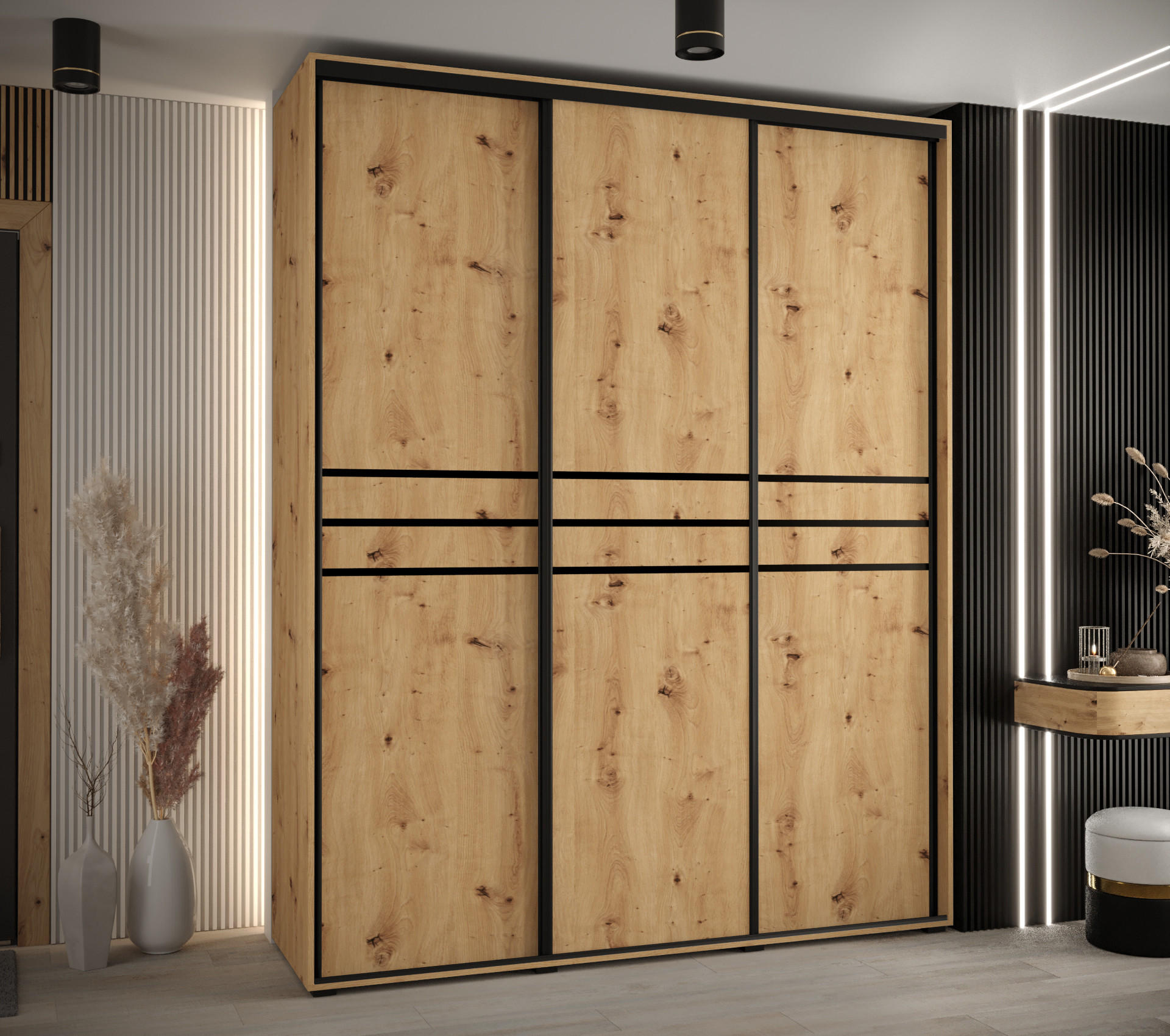 SCHWEBETÜRENSCHRANK 235,2/190/45 3-türig - Schwarz/Eiche Artisan, Holz/Metall (190/235/45cm) - Abiks Möbel