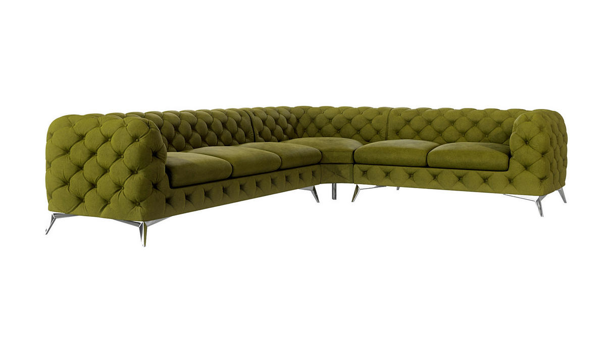 ECKSOFA Chesterfield Laura Olive Samt - Silberfarben/Olivgrün, Holz/Textil (323/264cm) - S-Style Möbel
