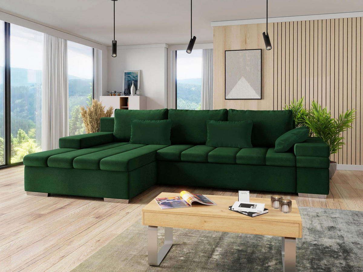 ECKSOFA Bangkok, Seite: Links - Waldgrün/Silberfarben, Holz/Textil (310/175cm) - MIRJAN24