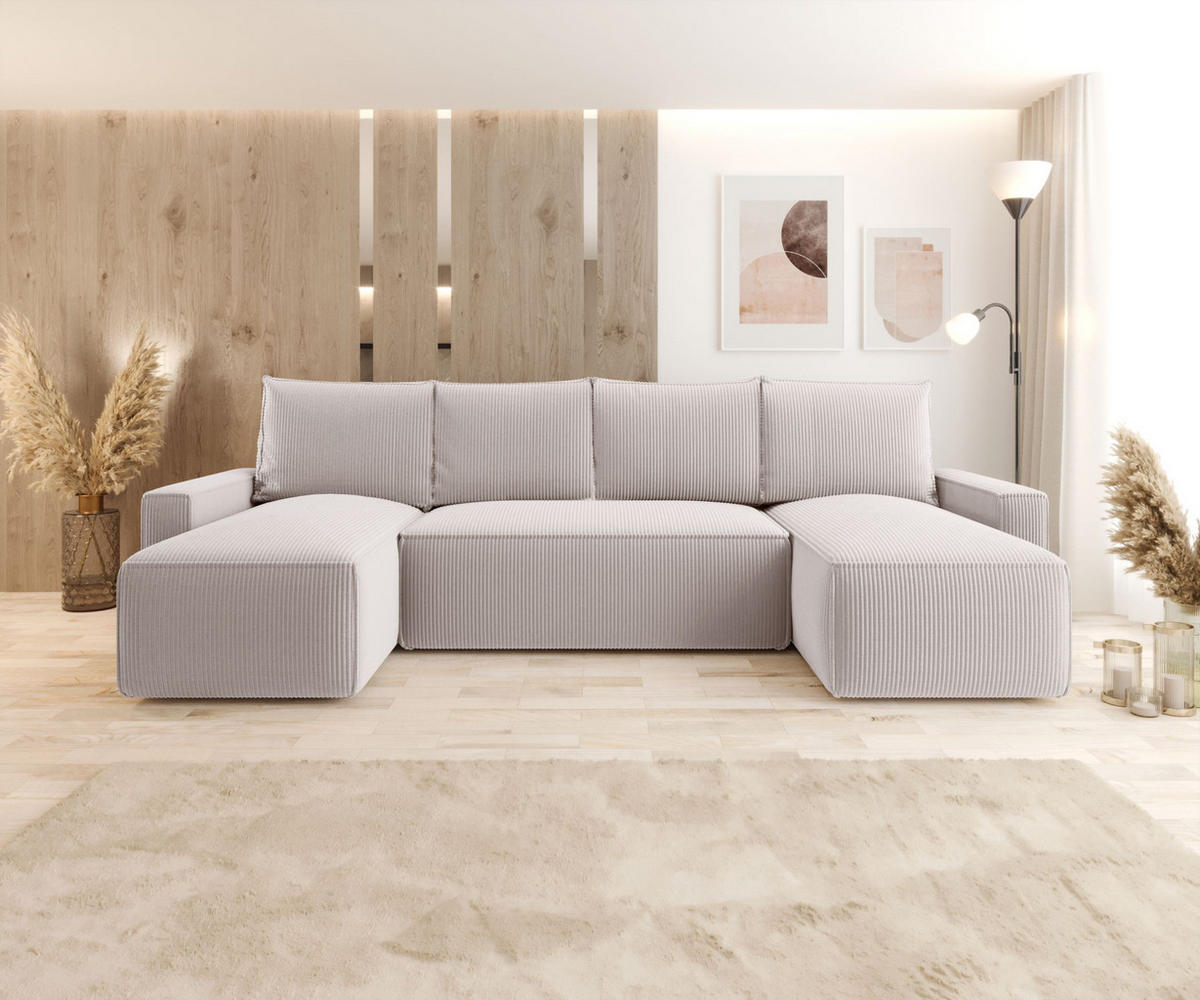 WOHNLANDSCHAFT mit Schlaffunktion SAVIO U Poso 100 - Ecru, Textil (300/75/140cm) - Bedante