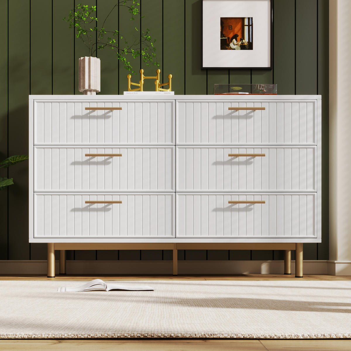 KOMMODE in Weiß Sideboard mit 6 Schubladen für Wohnzimmer und Schlafzimmer, B120/T40/H75 cm - Goldfarben/Weiß, Holzwerkstoff/Metall (120/75/40cm) - STILVORA