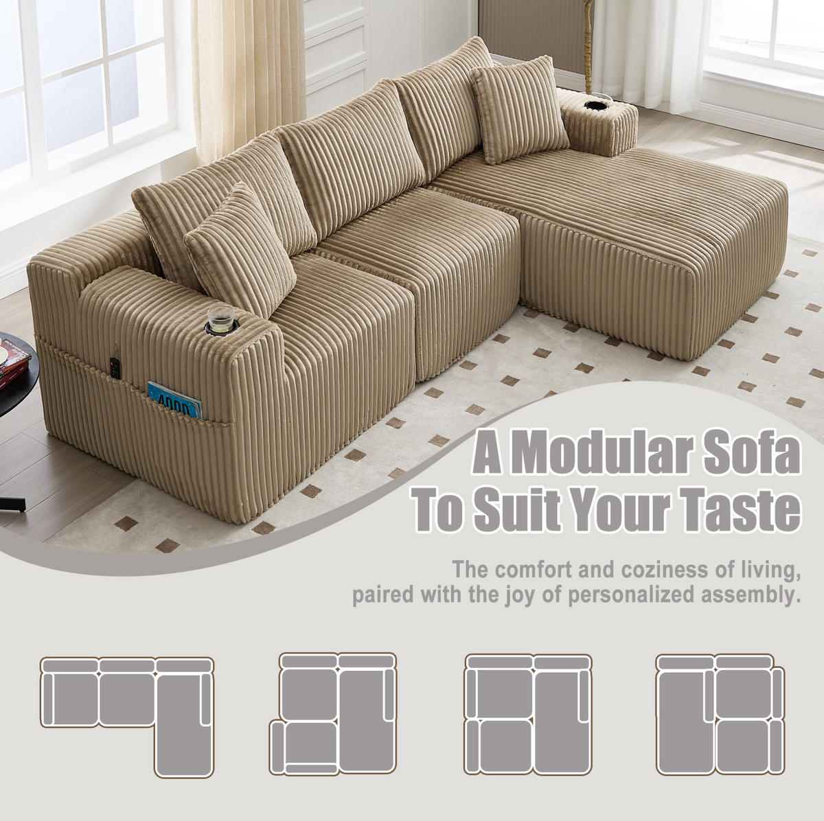 ECKSOFA 257/90-160/62 cm khaki aus Cord mit Chaiselongue - Sandfarben, Textil (160/257cm) - OKMYHOME