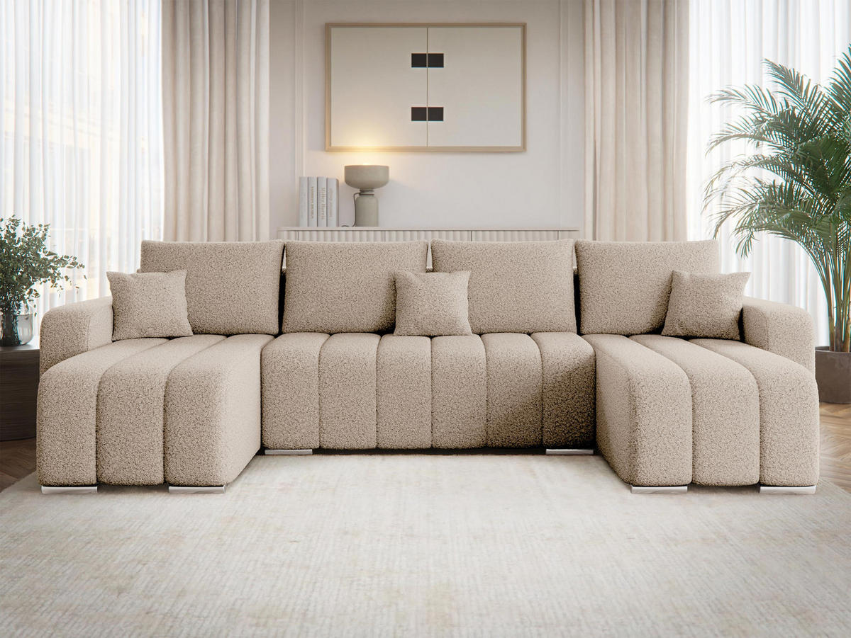 CANAPEA ÎN FORMĂ DE U Pufetto U Boucle - argintiu/bej, material textil/lemn (313/86/147cm) - MIRJAN24