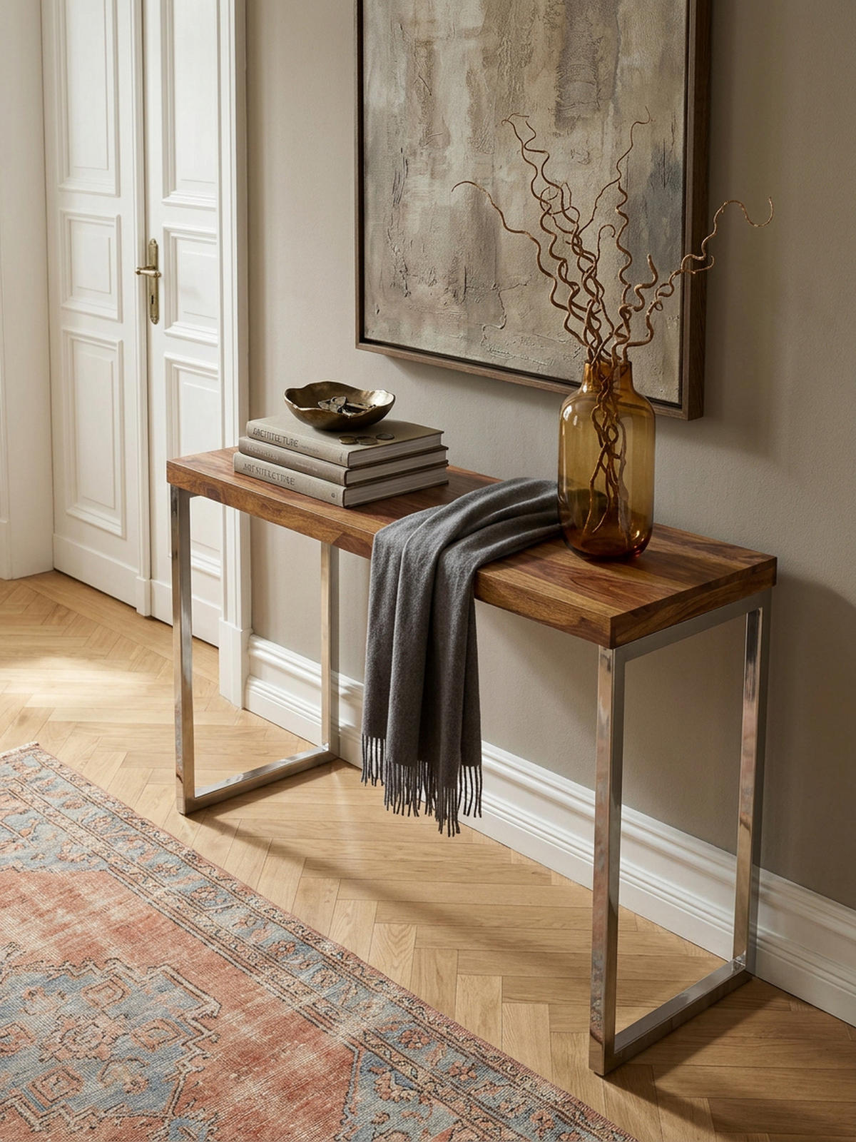 KONSOLENTISCH Massivholz Chromgestell Handgefertigt ISEN, Braun 120x45x77 cm - Silberfarben/Braun, Holz/Metall (45/120/77cm) - KADIMA DESIGN