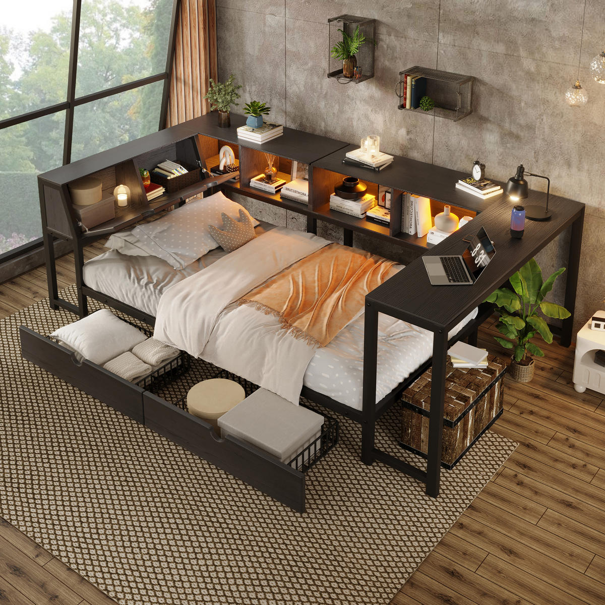 METALLBETT 90x200cm mit Stauraum-Kopfteil, Schwarz - Schwarz, Metall (90/200cm) - KOMHTOM