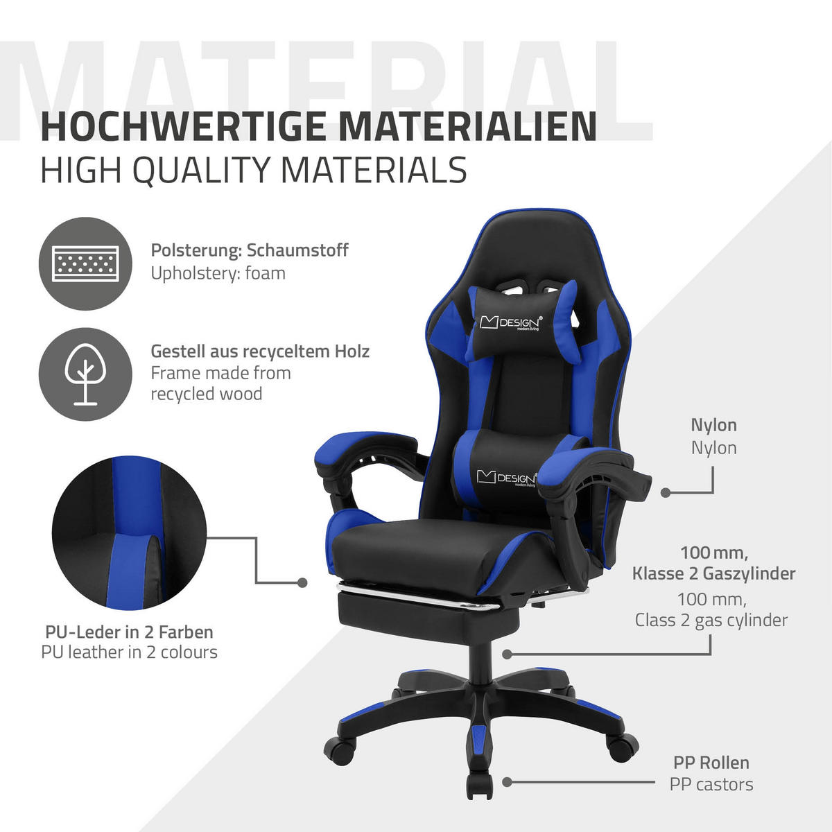 GAMING STUHL Schwarz-Blau aus Kunstleder - Blau/Schwarz, Kunststoff/Metall (62/119/62cm) - ML-DESIGN